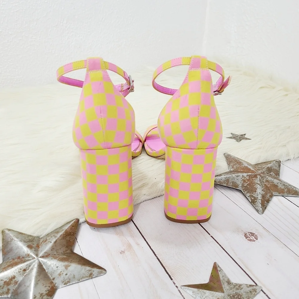 Gianni Bini Maileigh Checkered Satin Ankle Strap Block Heels green pink size 8.5 - Picture 4 of 7